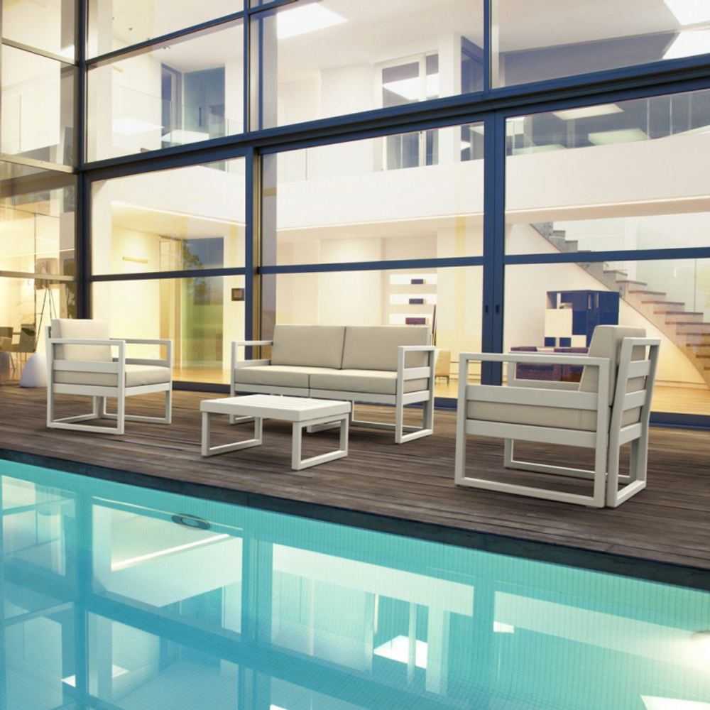 Диван пластиковый двухместный с подушками Siesta Contract Mykonos, белый, бежевый