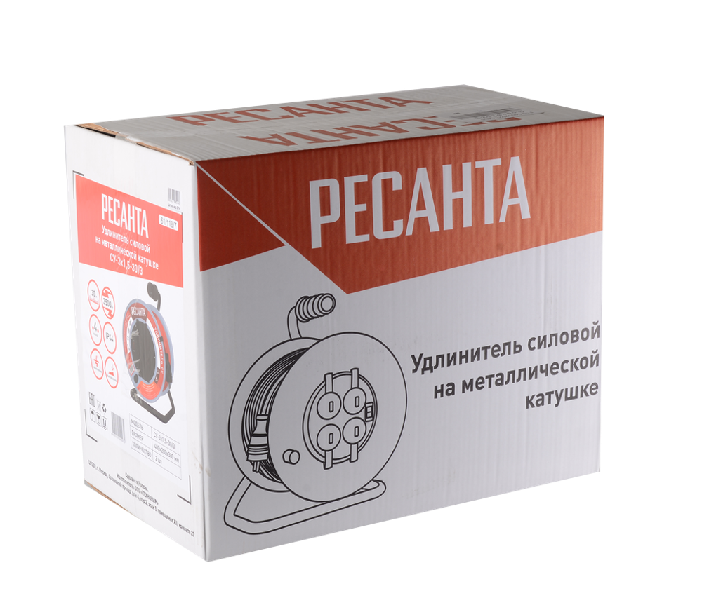 Удлинитель силовой на металлической катушке Ресанта СУ-3х1,5-30/3 (с выкл., 4 розетки, IP44)