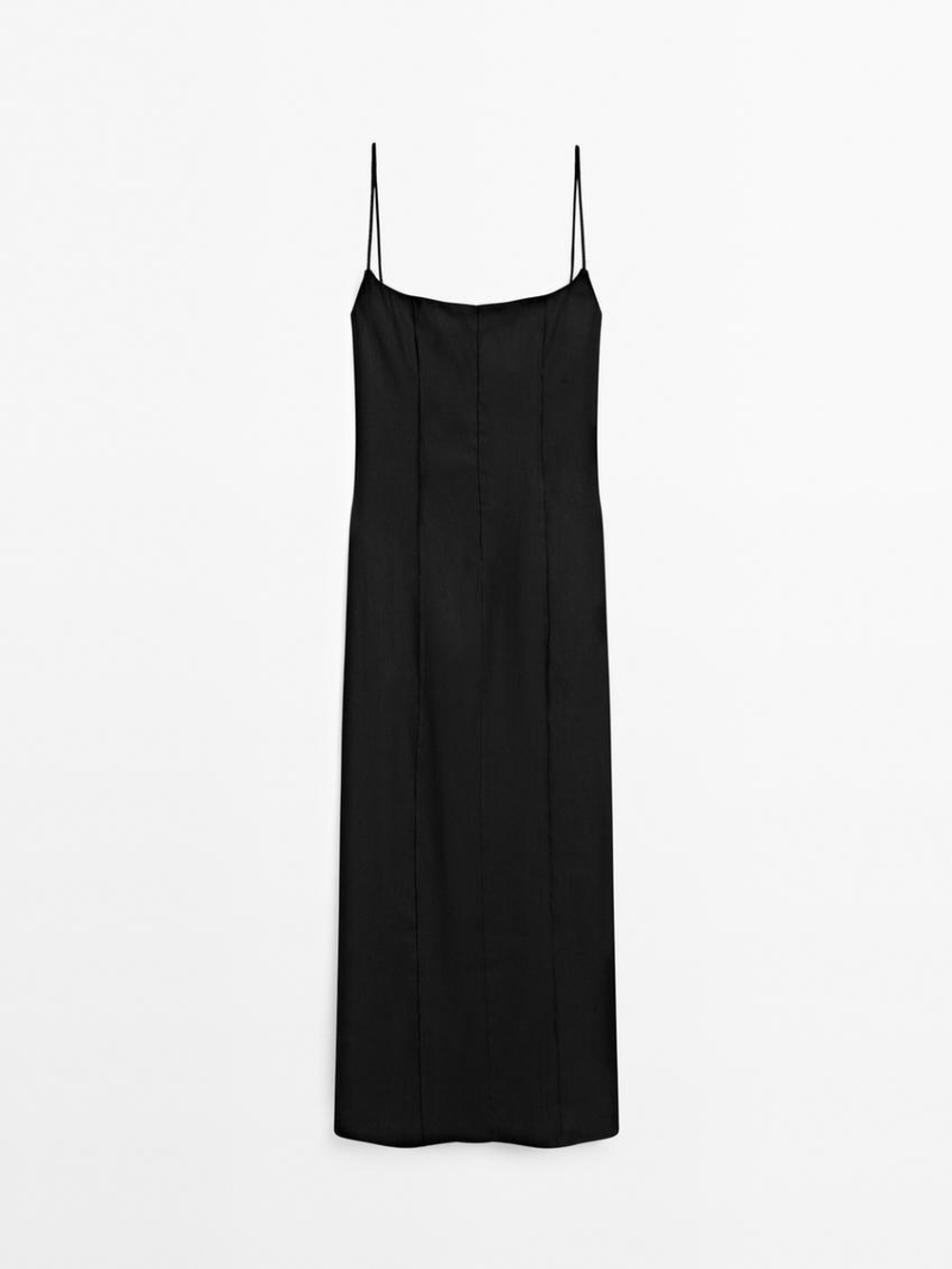 Massimo Dutti Льняное платье миди на бретелях, черный