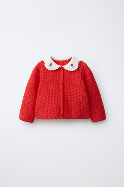 ZARA КАРДИГАН С ВЫШИТЫМИ ЦВЕТАМИ, КРАСНЫЙ