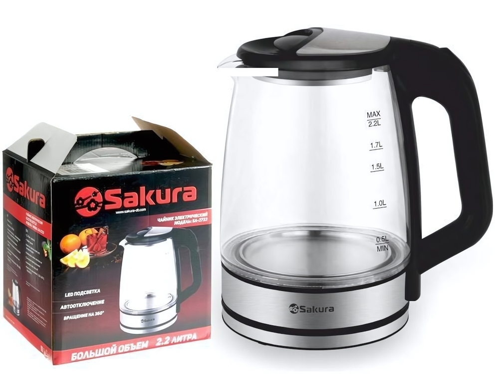 Чайник электрический 2,2л SA-2722BK стеклянный с точечной подсветкой