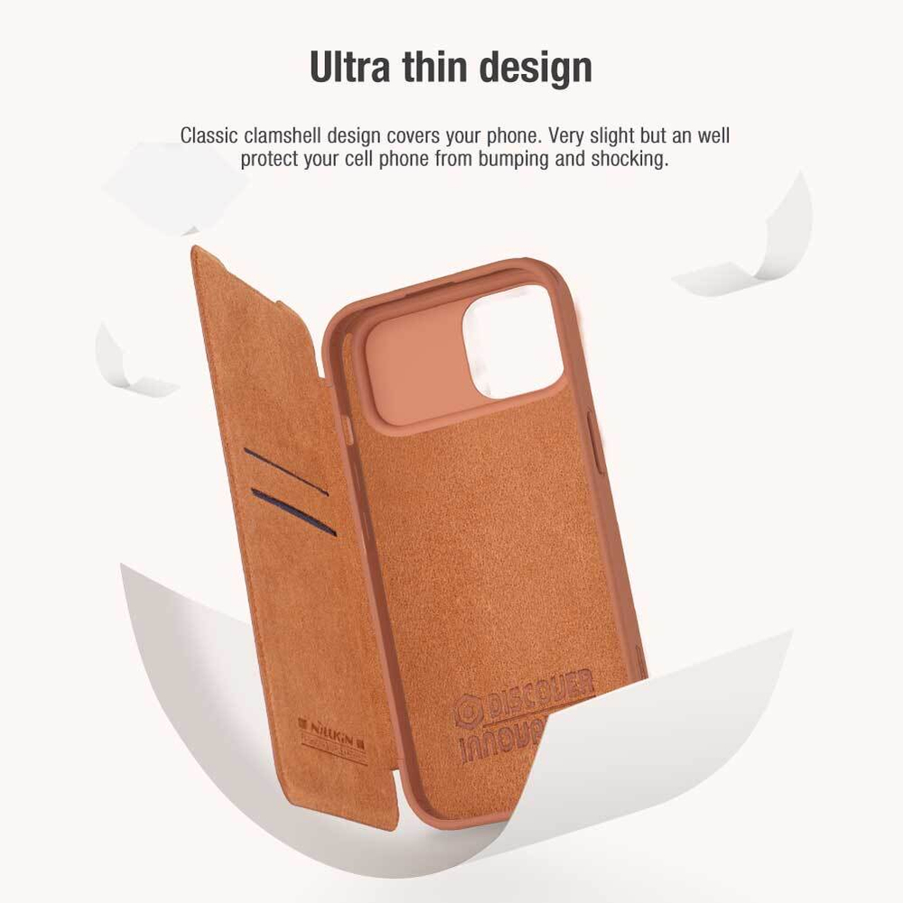 Кожаный чехол книжка коричневого цвета от Nillkin для iPhone 15, серия Qin Pro Leather с защитной шторкой для камеры