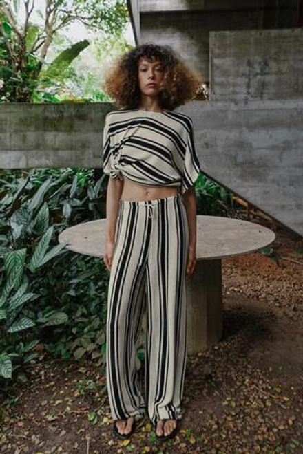 ZARA БРЮКИ WIDE LEG ИЗ ТКАНИ В ДЕРЕВЕНСКОМ СТИЛЕ, ЭКРЮ/ЧЕРНЫЙ