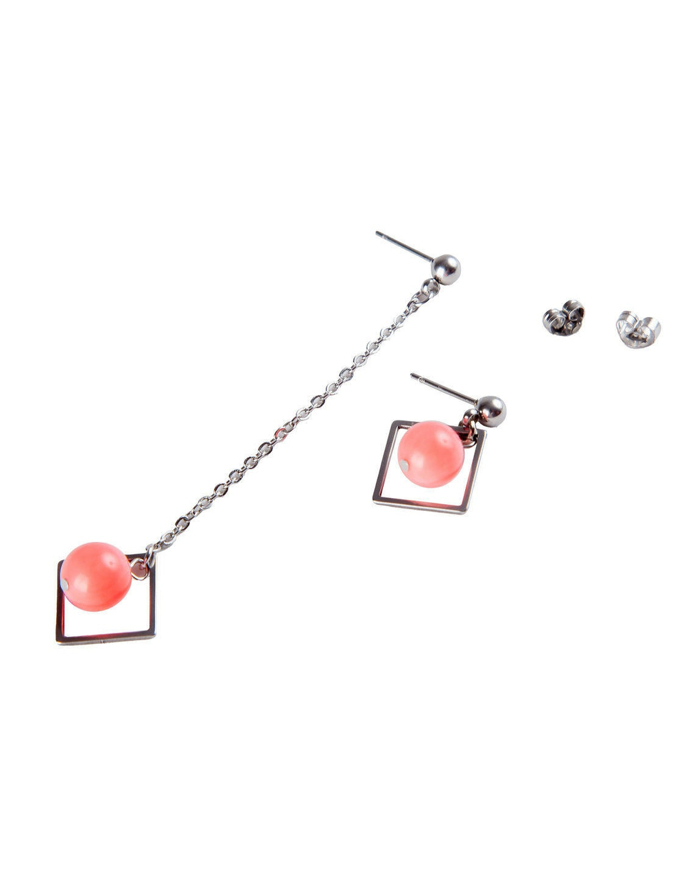 Серьги с кораллом на цепочке, асимметричные серёжки гвоздики