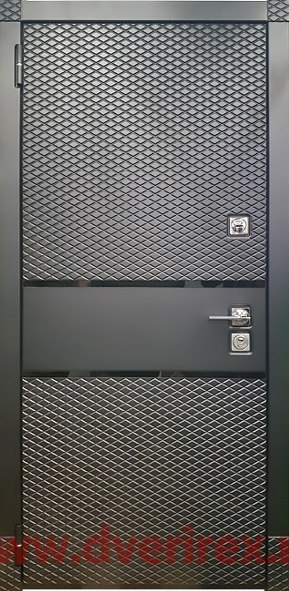 Входная металлическая дверь RеX (РЕКС) 15 Чешуя кварц черный, фурнитура хром/ ФЛ-117 Силк сноу 16мм