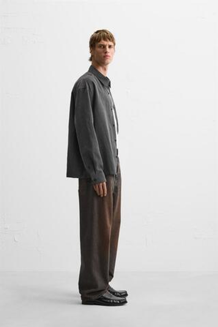 ZARA РУБАШКА ИЗ СМЕСОВОГО ЛИОЦЕЛЛА В ПОЛОСКУ, АНТРАЦИТОВО-СЕРЫЙ