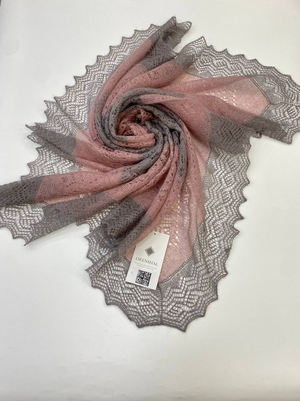 Оренбургский пуховый платок-паутинка АИ100-03/06 магнолия/серый