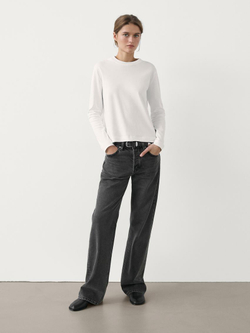 Massimo Dutti Футболка из хлопка с длинными рукавами, натуральный, кремовый
