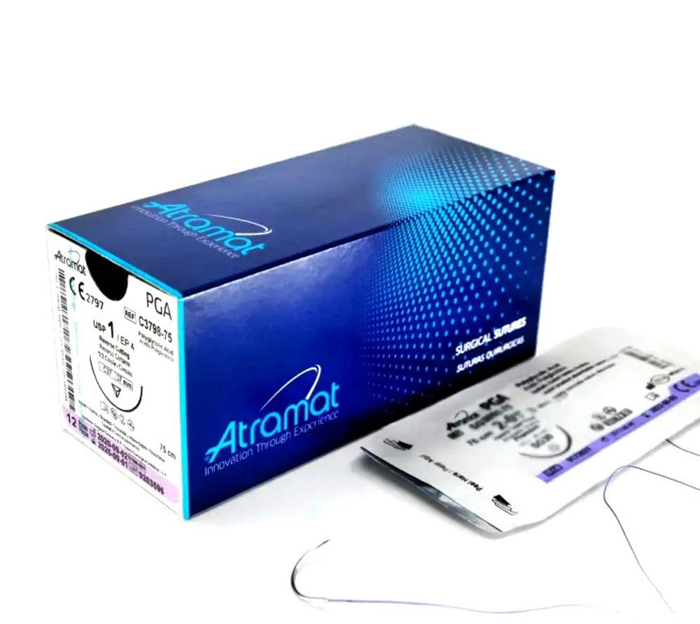 Нить рассасывающаяся Atramat ПГА фиолетовая 75см, игла колющая