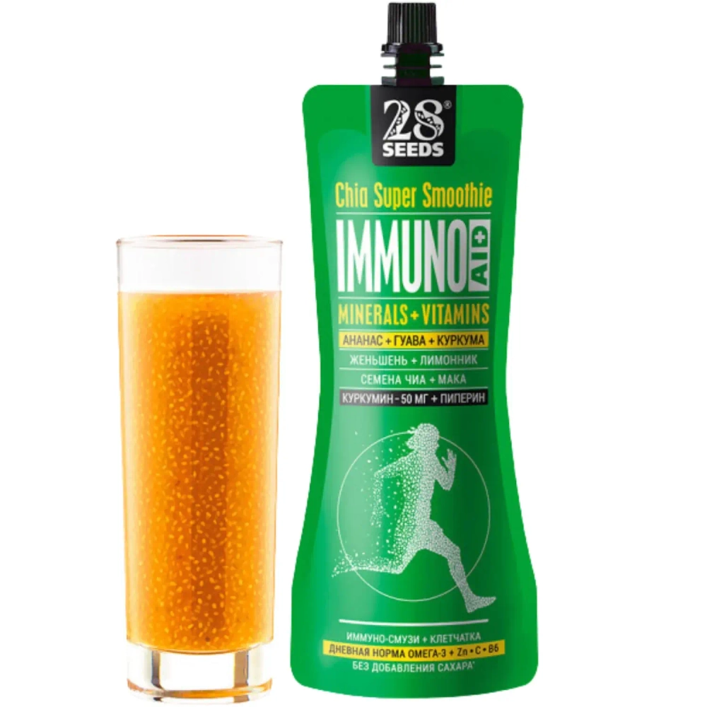 Супер-смузи ЧИА ИММУНО «Ананас + Гуава + Куркума» 250 г — густое смузи с семенами чиа и тропическим вкусом в стакане