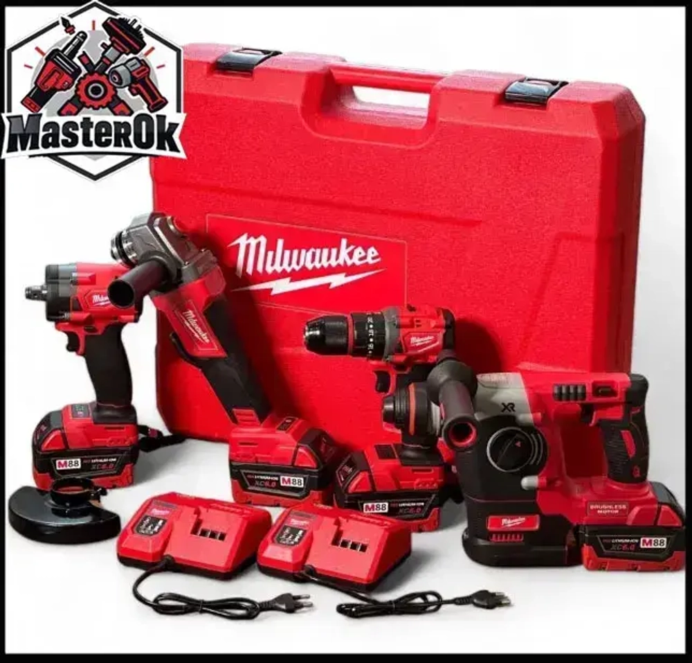 Набор аккумуляторного электроинструмента инструмента Milwaukee 4в1 с 4 АКБ Шуруповерт Болгарка Перфоратор Гайковерт 21V