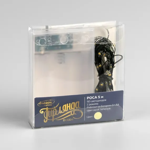 Гирлянда нить-роса 5 м., IP20, зелёная нить, 50 тёплых белых LED, 2 режима, AAх3, Luazon Lighting (5198327)