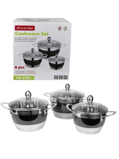 Набор кастрюль 6 предметов 2 л; 2,7 л; 3,6 л. Kamille KM 5765 из нержавеющей стали