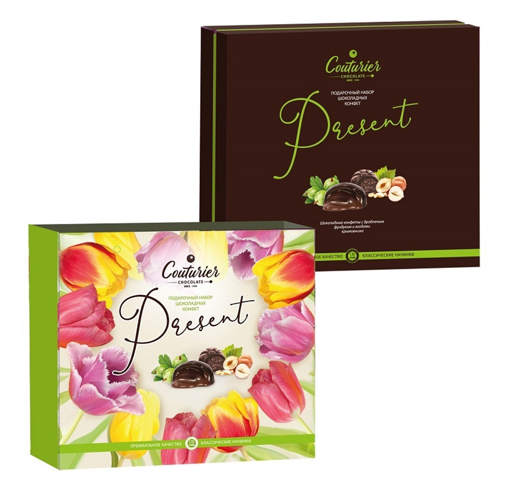 Набор шок.конфет Present Тюльпаны с дробленным фундуком и ягодами крыжовника в сумке 170г