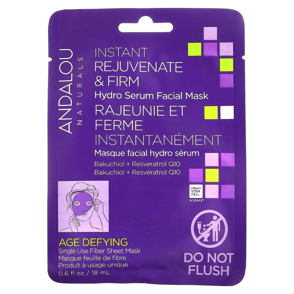 Andalou Naturals, Instant Rejuvenate & Firm, увлажняющая маска для лица с сывороткой, 1 лист клетчатки, 18 мл (0,6 жидк. унц.)