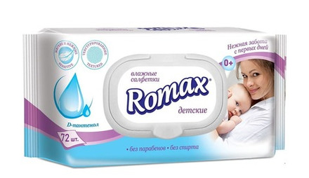 Салфетки влажные детские с пантенолом 72шт Romax