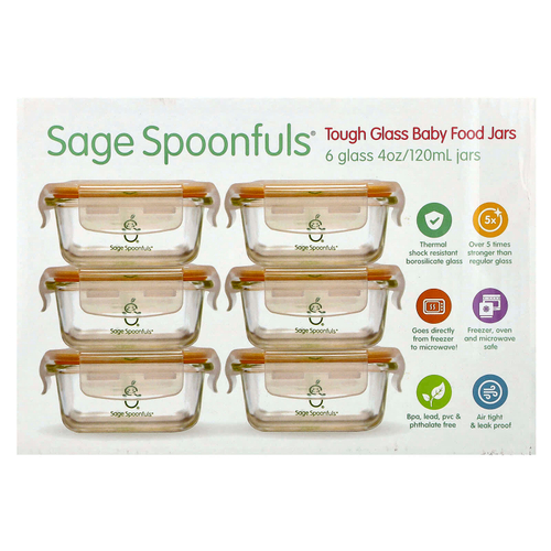 Sage Spoonfuls, Жесткие стеклянные баночки для детского питания, 6 упаковок по 120 мл (4 унции)