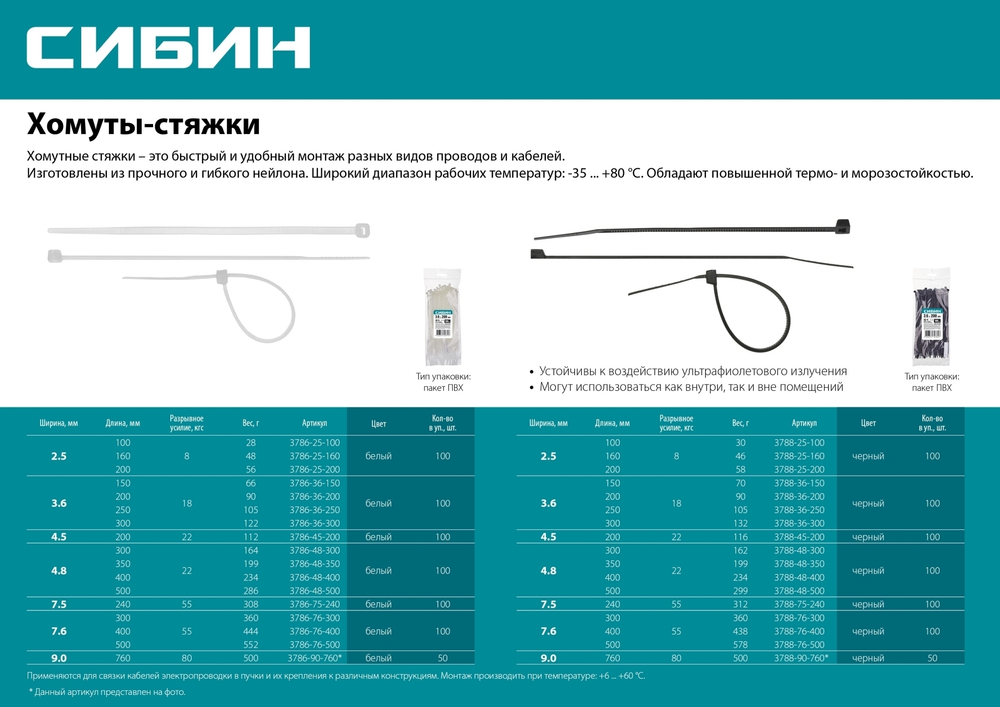 СИБИН ХС-Ч, 7.6 x 500 мм, нейлон РА66, 100 шт, черные, хомуты-стяжки (3788-76-500)