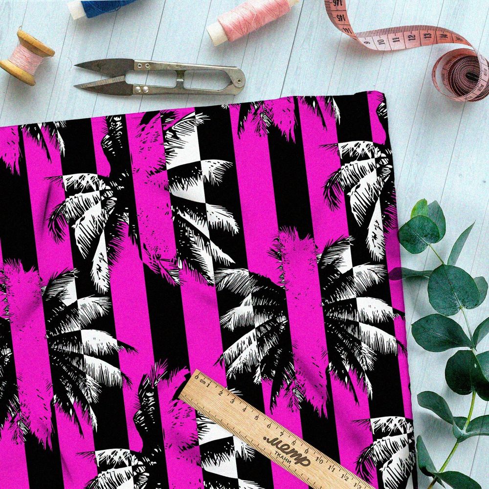 Ткань ниагара пальмы в чёрно-розовую полоску