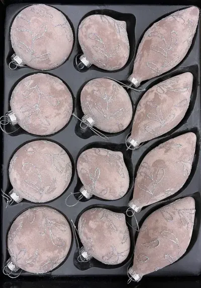 Набор стеклянных украшений Розовый бархат 80 мм., 12 шт., розовый с серебром, Christmas DeLuxe (87242)