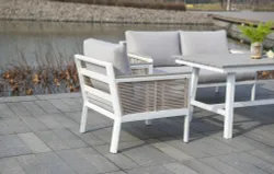 "Сан Ремо" кресло плетеное из роупа садовое, каркас алюминий белый, роуп бежевый, ткань бежевая