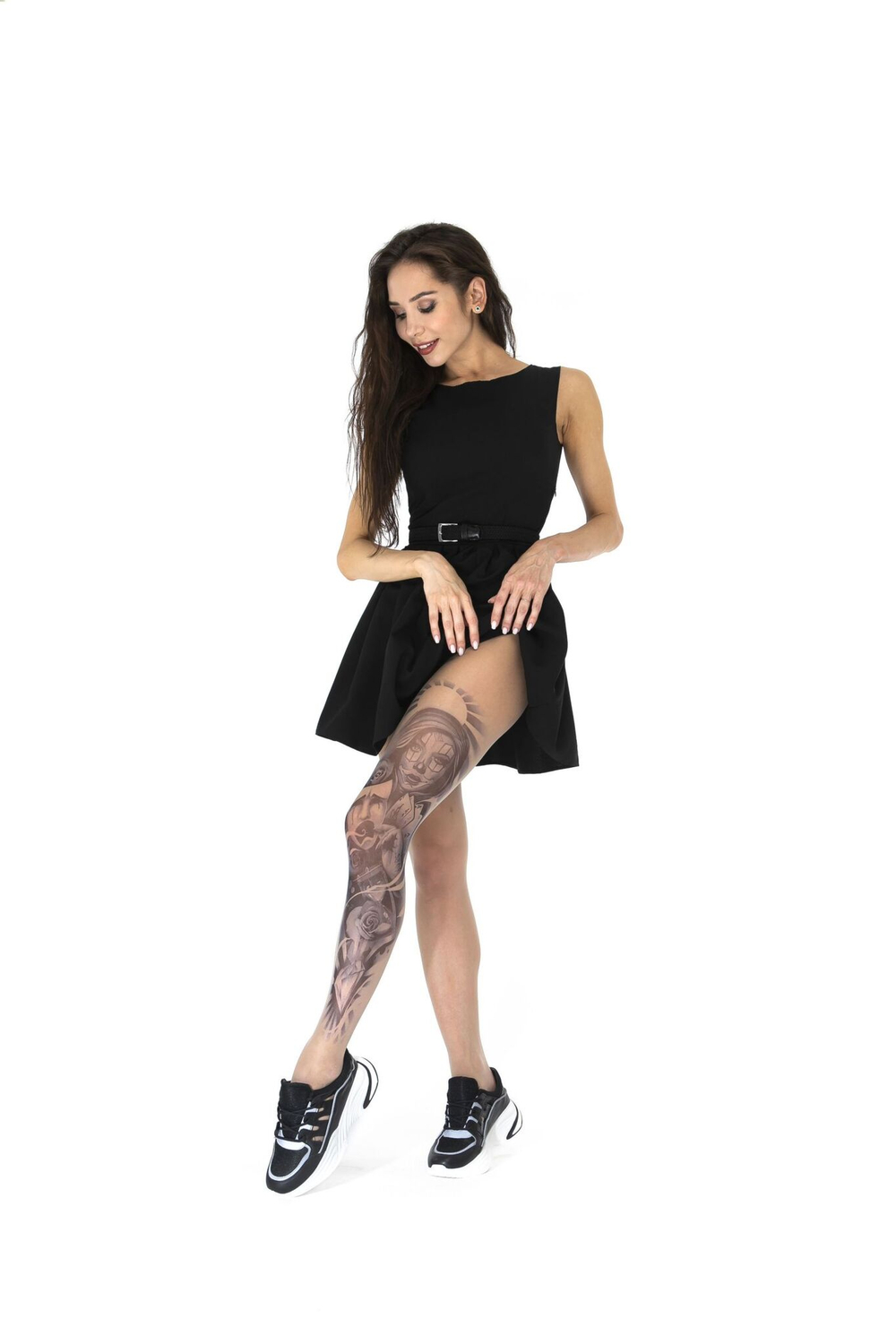 Стильные колготки с эффектом тату на левой ножке (Размер: S-M-L) (Цвет: бежевый)