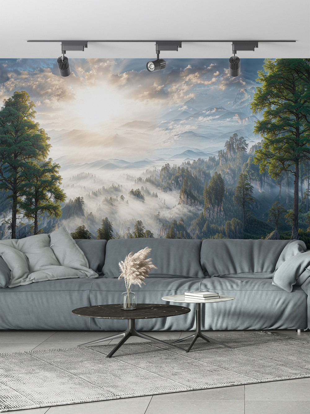 3D Фотообои утренний лес в тумане и небо