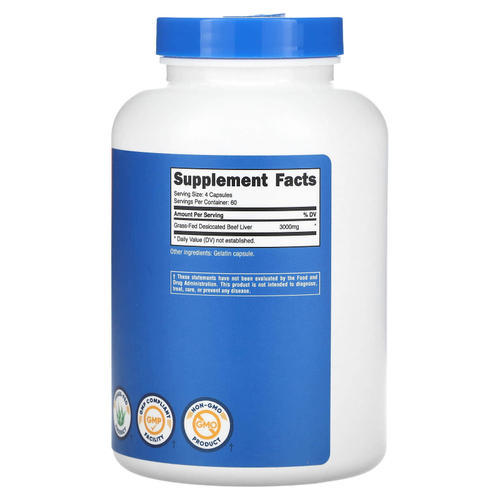 Nutricost, Сушеная говяжья печень травяного откорма, 240 капсул (750 мг на капсулу)