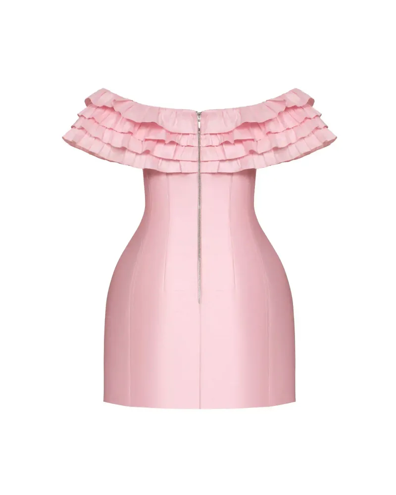 May, платье мини из розовой тафты с рюшами и розой