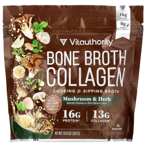 Vitauthority, Bone Broth Collagen, коллаген для приготовления блюд и питья, грибы и травы, 312 г (10,9 унции)