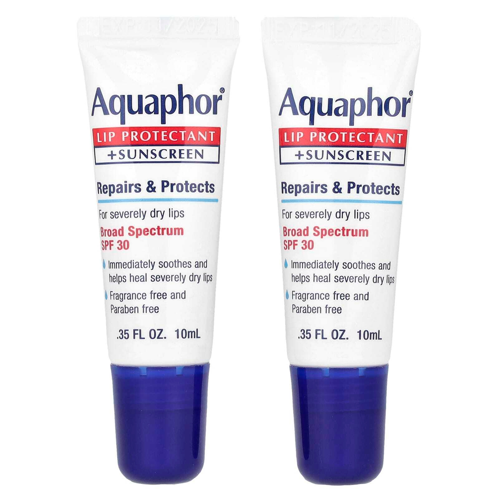 Aquaphor, Средство для защиты губ и солнцезащитное средство, SPF 30, без отдушек, 2 тюбика по 10 мл (0,35 жидк. унц.)
