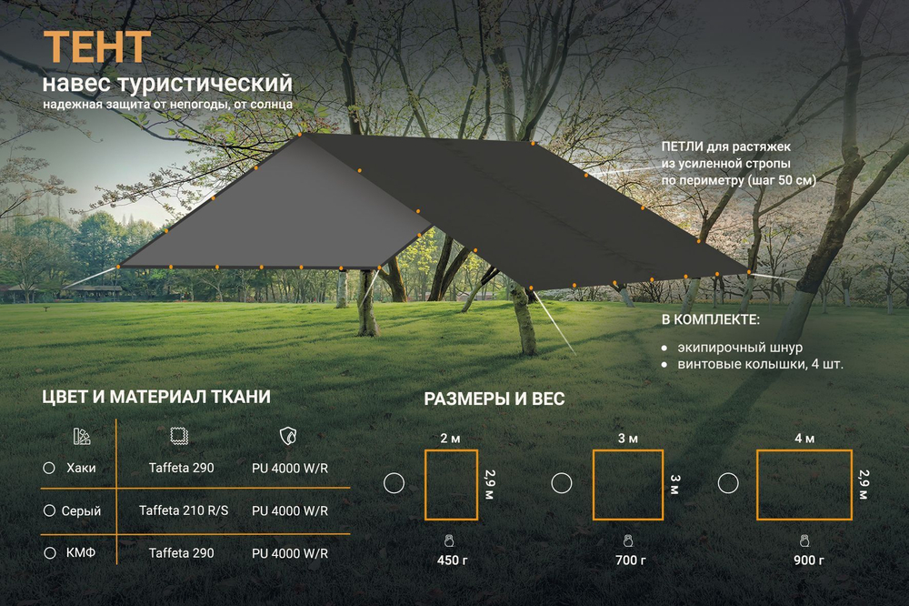 Тент-навес Prival туристический 3х3м, 80г/м2, PU 4000, серый