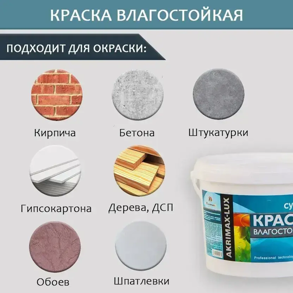 Краска Влагостойкая акриловая супербелая 3 кг AKRIMAX для помещений с повышенной влажностью, для стен, для кухонь, для ванных комнат, Матовое покрытие, белый