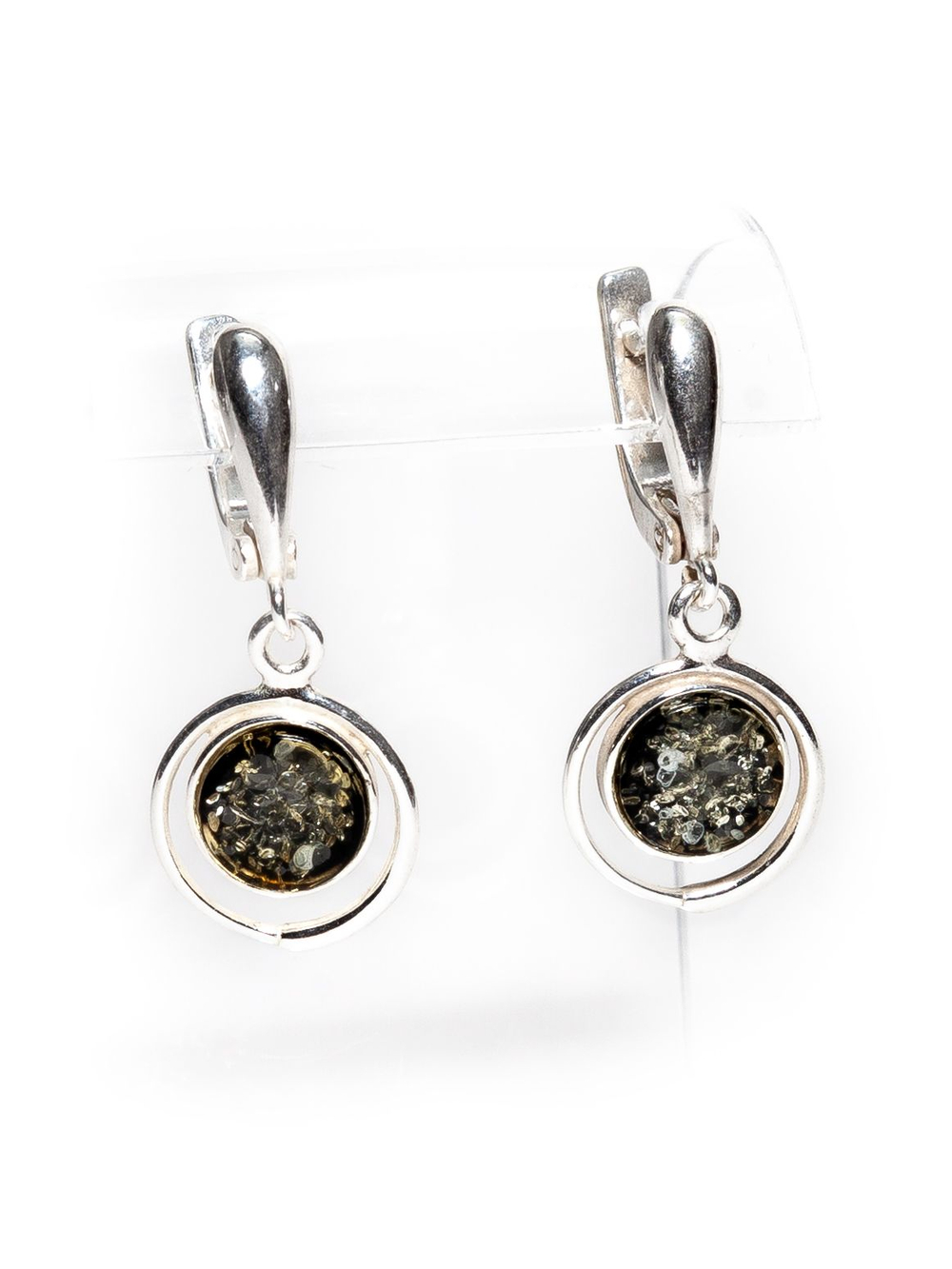 Серьги с натуральным янтарем зеленого цвета