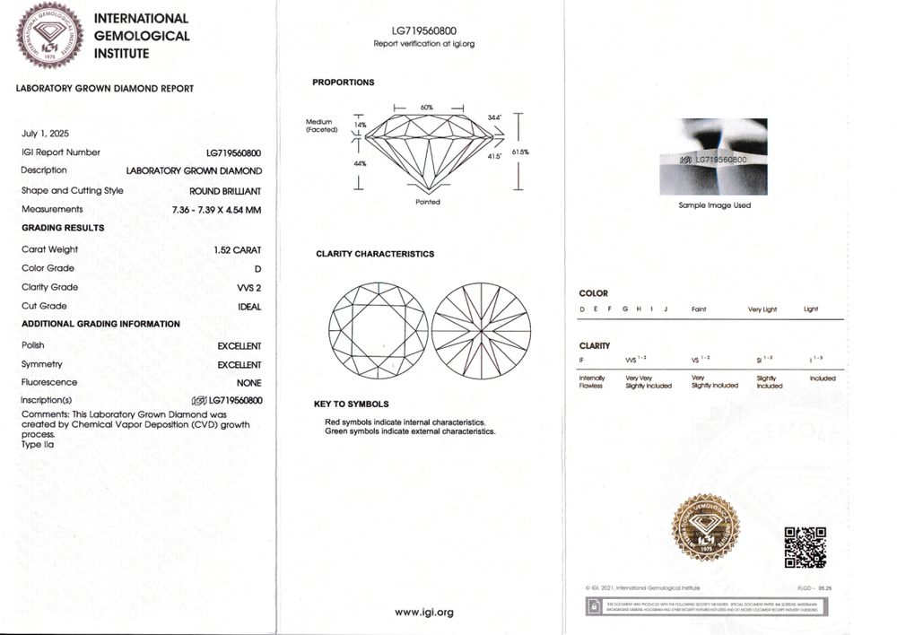 Лабораторно-выращенный бриллиант Кр-57 7.36-7.39 мм D/VVS2 1.52 ct