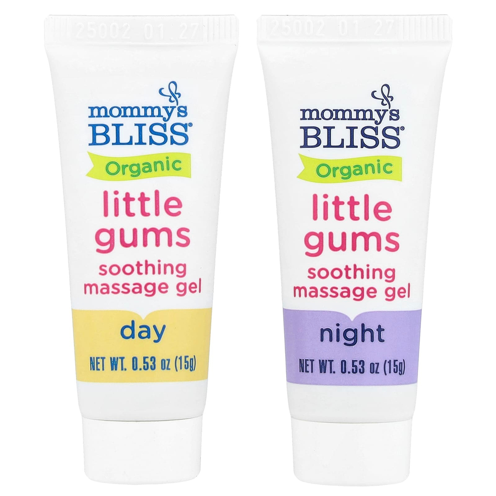 Mommy's Bliss, Little Gums, органический успокаивающий массажный гель, упаковка для применения днём и вечером, для детей от 2 месяцев, 2 тюбика по 15 г (0,53 унции)