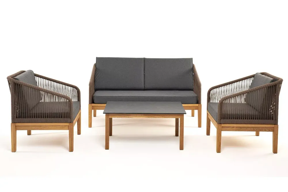 "Канны" лаунж-зона 4-местная из роупа со столиком "Канны" (серый гранит), основание дуб, роуп коричневый