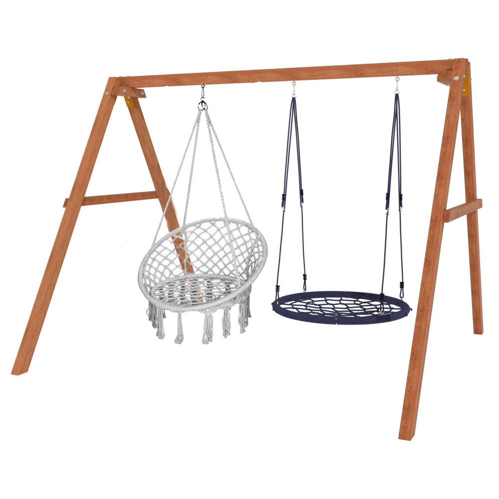 Деревянные качели с подвесными креслами в сером цвете и гнездом 100 см