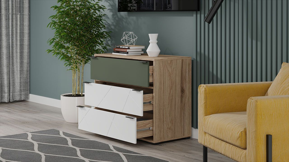 Комод для одежды с ящиками Гикори джексон/Белый матовый/Дымчатый зеленый 3 ящика 90х45х75 см