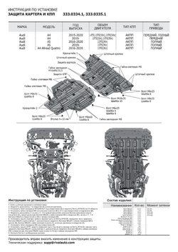 Защита картера Rival для Audi A4 B9 (V - 1.4; 2.0 (190/249 л.с.)) АКПП 2015-2020/Audi A4 B9 рестайлинг (V - 2.0 (150/190 л.с.)) 2019-н.в./Audi A5 8W (V - 2.0 (249 л.с.)) АКПП 4WD 2016-н.в., штампованная, алюминий 3 мм, с крепежом, 333.0334.1