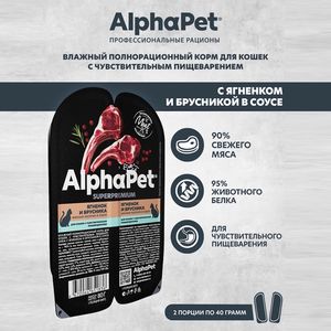 Влажный корм AlphaPet Superpremium для кошек с чувствительным пищеварением «Ягненок и брусника мясные кусочки в соусе» Влажный корм AlphaPet Superpremium для кошек с чувствительным пищеварением «Ягненок и брусника мясные кусочки в соусе»
