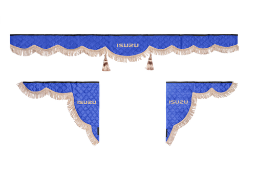 Ламбрекен с косынками стеганые Isuzu (экокожа, синий, бежевая бахрома "закрутка")