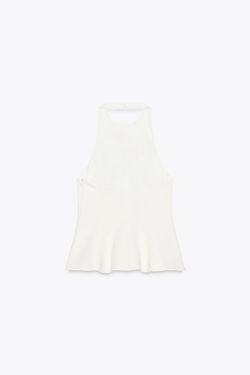 ZARA ТОП ИЗ ЭЛАСТИЧНОЙ ТКАНИ С ГОРЛОВИНОЙ ХАЛТЕР И БАСКОЙ, ЖЕЛТОВАТО-БЕЛЫЙ