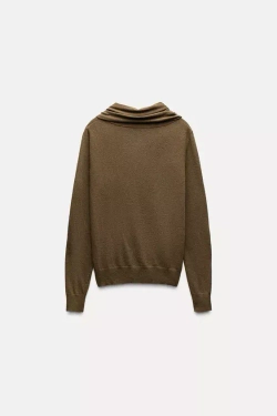 ZARA ОДНОТОННЫЙ СВИТЕР С ШАРФОМ, ТЕМНЫЙ ХАКИ