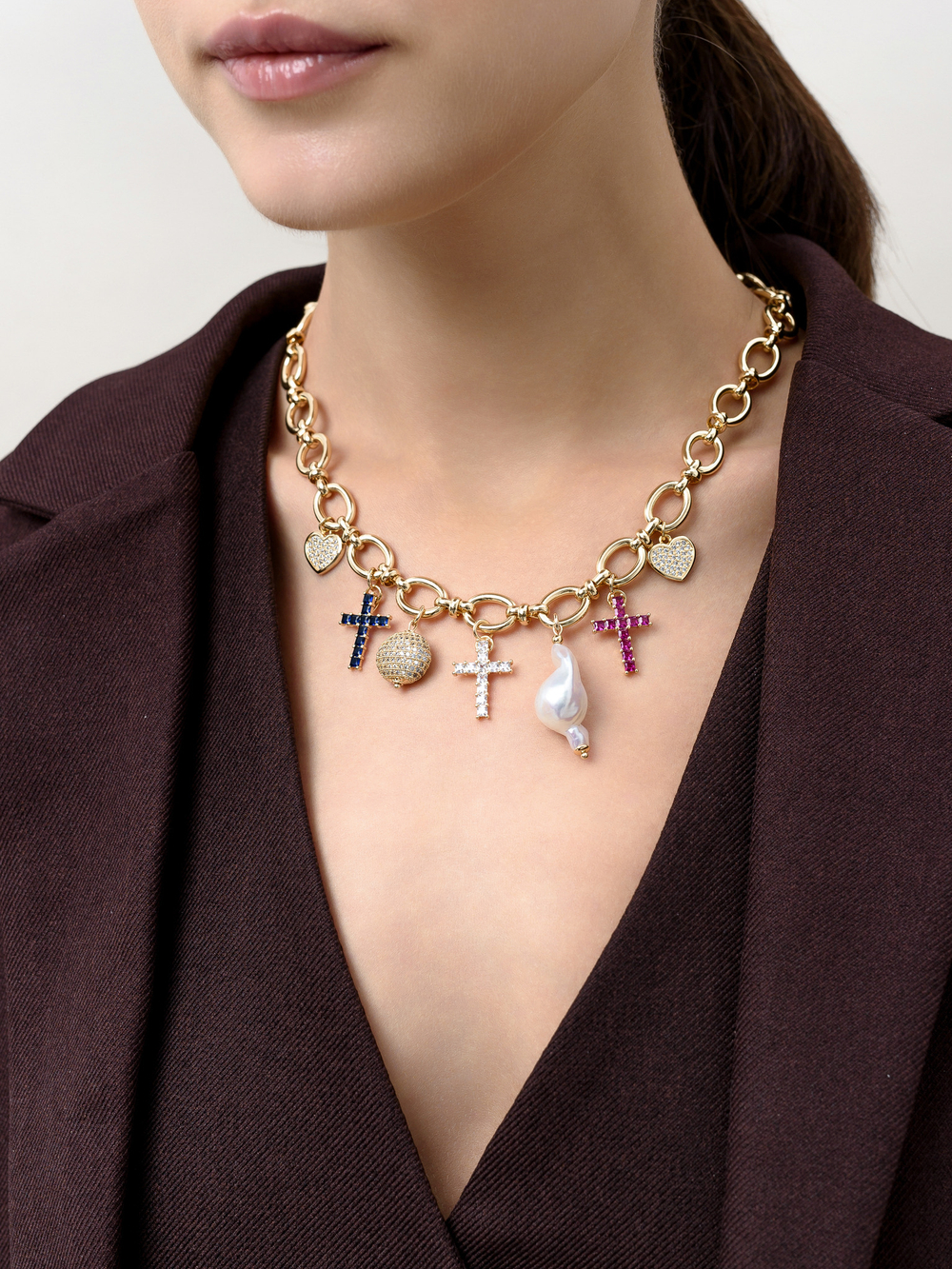 Цепь "Love Cross" Multi с жемчужиной Gold