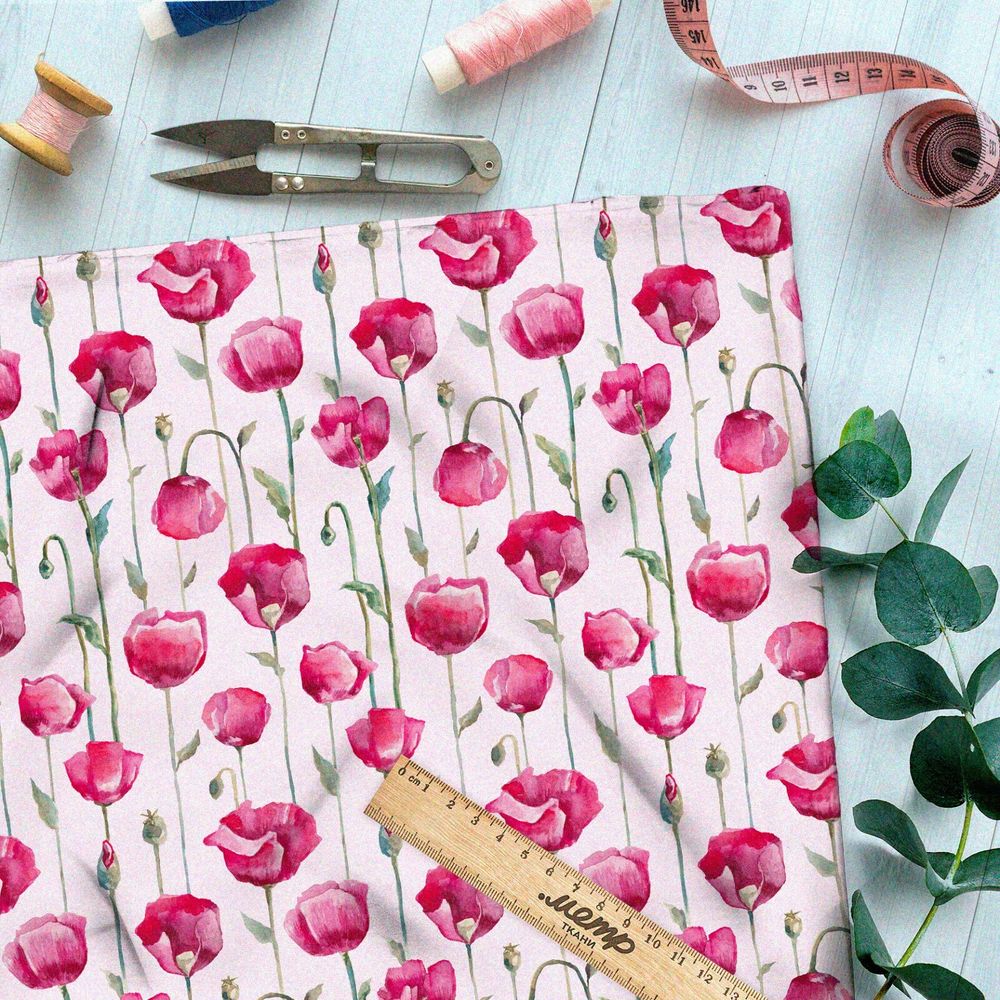 Ткань саржа насыщенные акварельные тюльпаны на розовом фоне