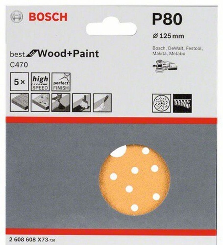 Шлифкруги 125 мм BOSCH 5 шлифлистов Best for Wood+Paint Multihole O K80