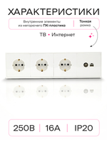 Розетка внутренняя тройная с ТВ и интернет белая