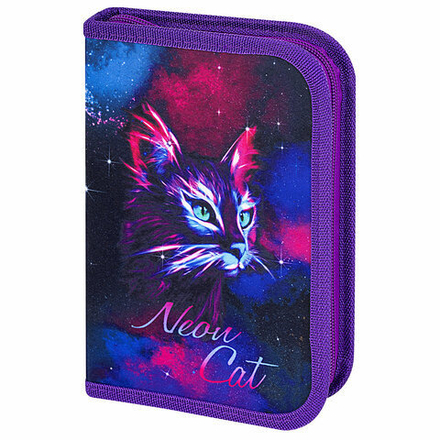 Пенал BRAUBERG с наполнением, 1 отделение, 1 откидная планка, 24 предмета, 21х14 см, "Neon cat"