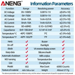 Мультиметр Aneng 682, интеллектуальный автоматический цифровой высокоточный универсальный измерительный прибор